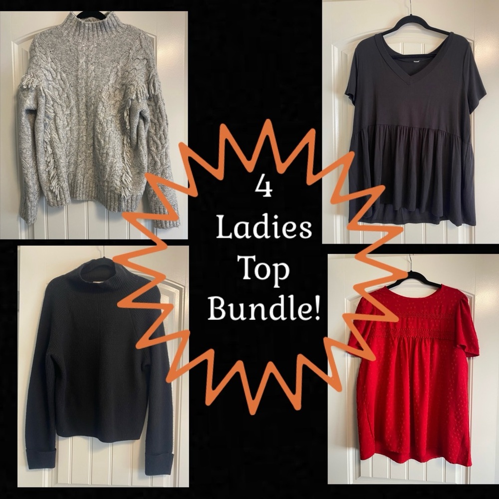 4 qty Ladies Top Bundle - 2 summer blouses and 2 sweaters